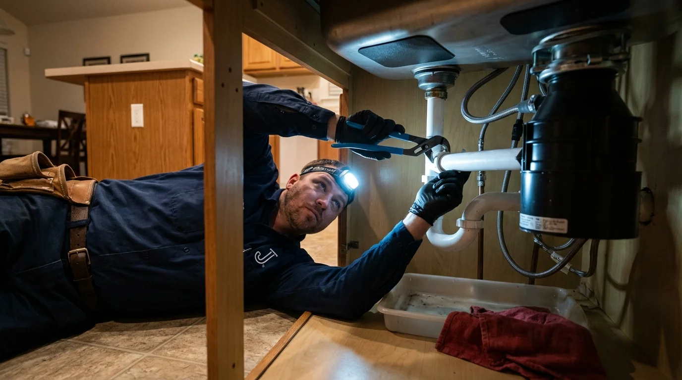 P-trap and supply line connections under a kitchen sink showing a common leak point in Brookville, PA